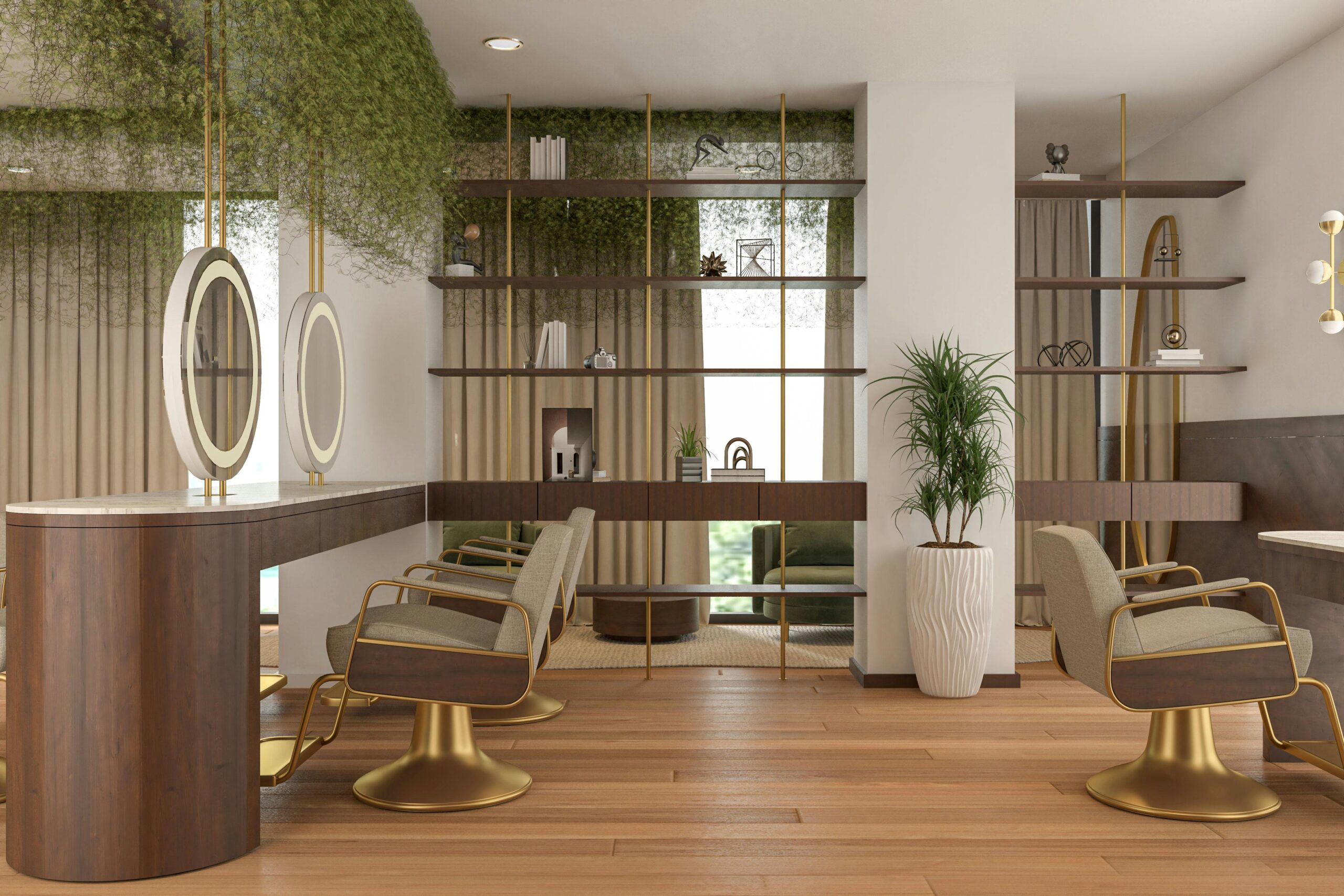 Sleek modern space featuring high-end furniture and lush greenery accents.